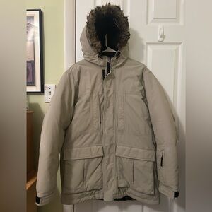 Eddie Bauer Mens WeatherEdge Faux Fur Hooded Goose Down Beige Coat